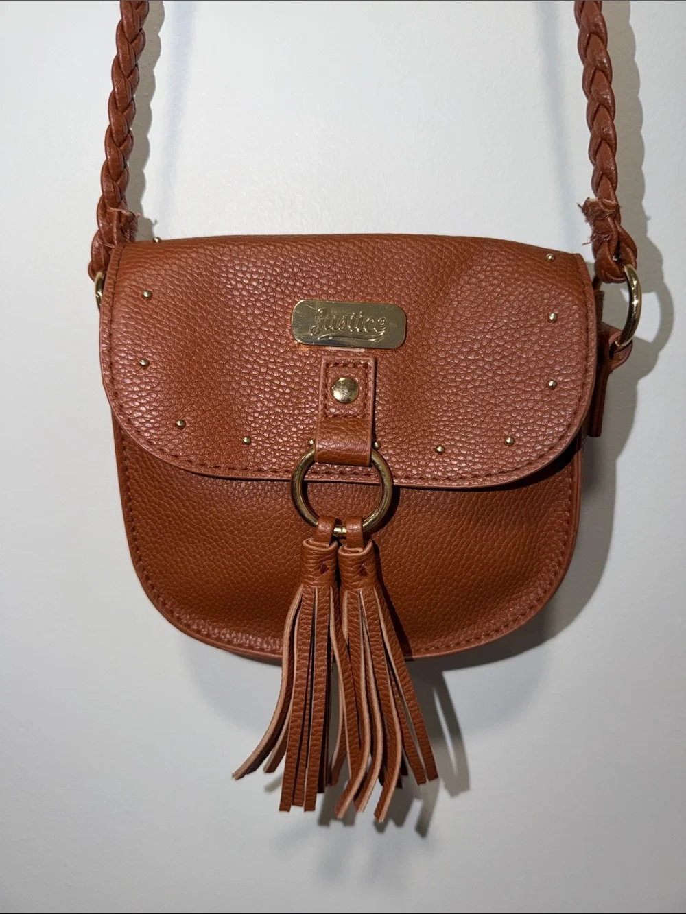 Justice Brown Faux Leather Braided Tasseled Western Cowgirl Crossbody Bag